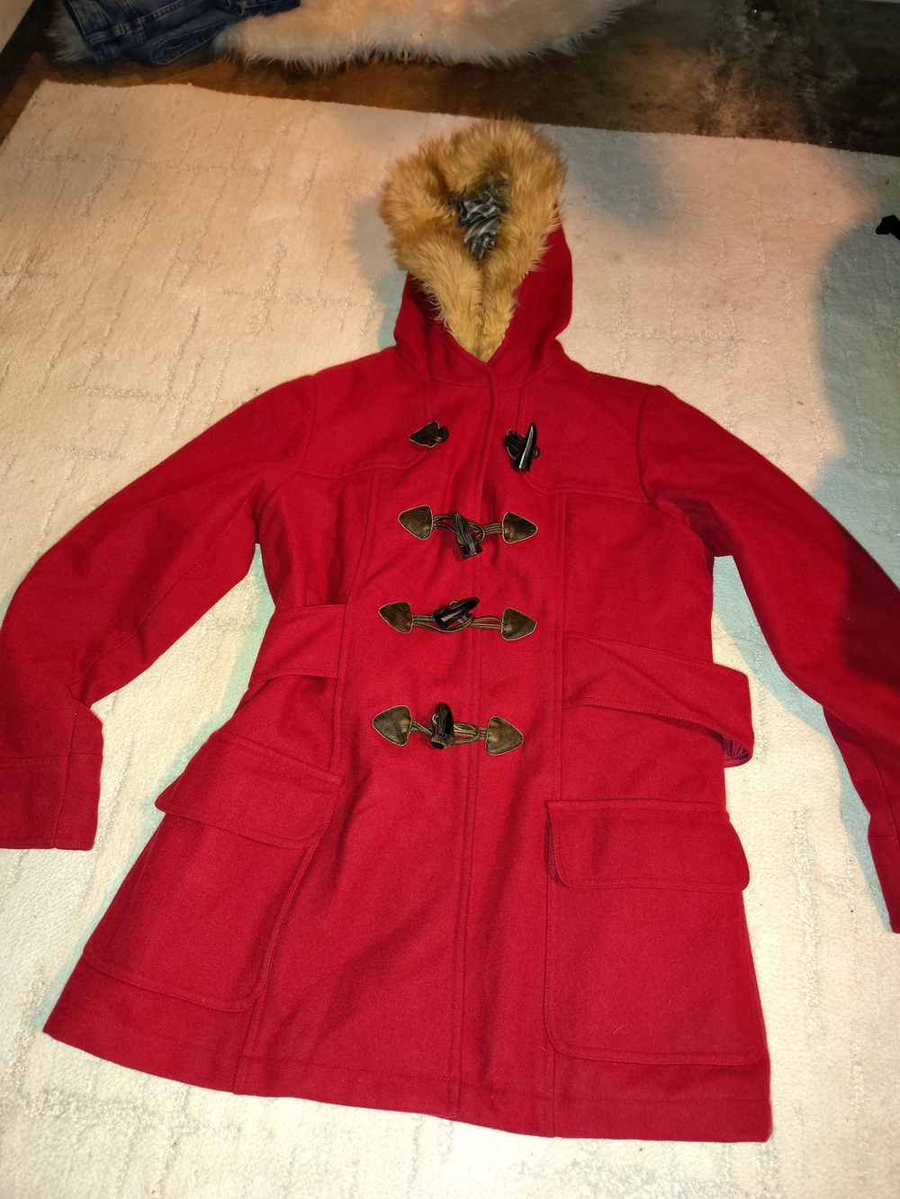 American Eagle Outfitters Red Toggle Pea Coat with Faux Fur-Trimmed Hood